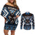 Personalised Taniko Motifs Aotearoa Couples Matching Off Shoulder Short Dress and Long Sleeve Button Shirt Waitangi Kowhaiwhai Kiwi - Blue