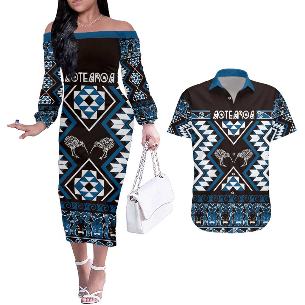 Personalised Taniko Motifs Aotearoa Couples Matching Off The Shoulder Long Sleeve Dress and Hawaiian Shirt Waitangi Kowhaiwhai Kiwi - Blue LT7 Blue - Polynesian Pride
