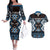 Personalised Taniko Motifs Aotearoa Couples Matching Off The Shoulder Long Sleeve Dress and Hawaiian Shirt Waitangi Kowhaiwhai Kiwi - Blue