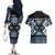 Personalised Taniko Motifs Aotearoa Couples Matching Off The Shoulder Long Sleeve Dress and Hawaiian Shirt Waitangi Kowhaiwhai Kiwi - Blue