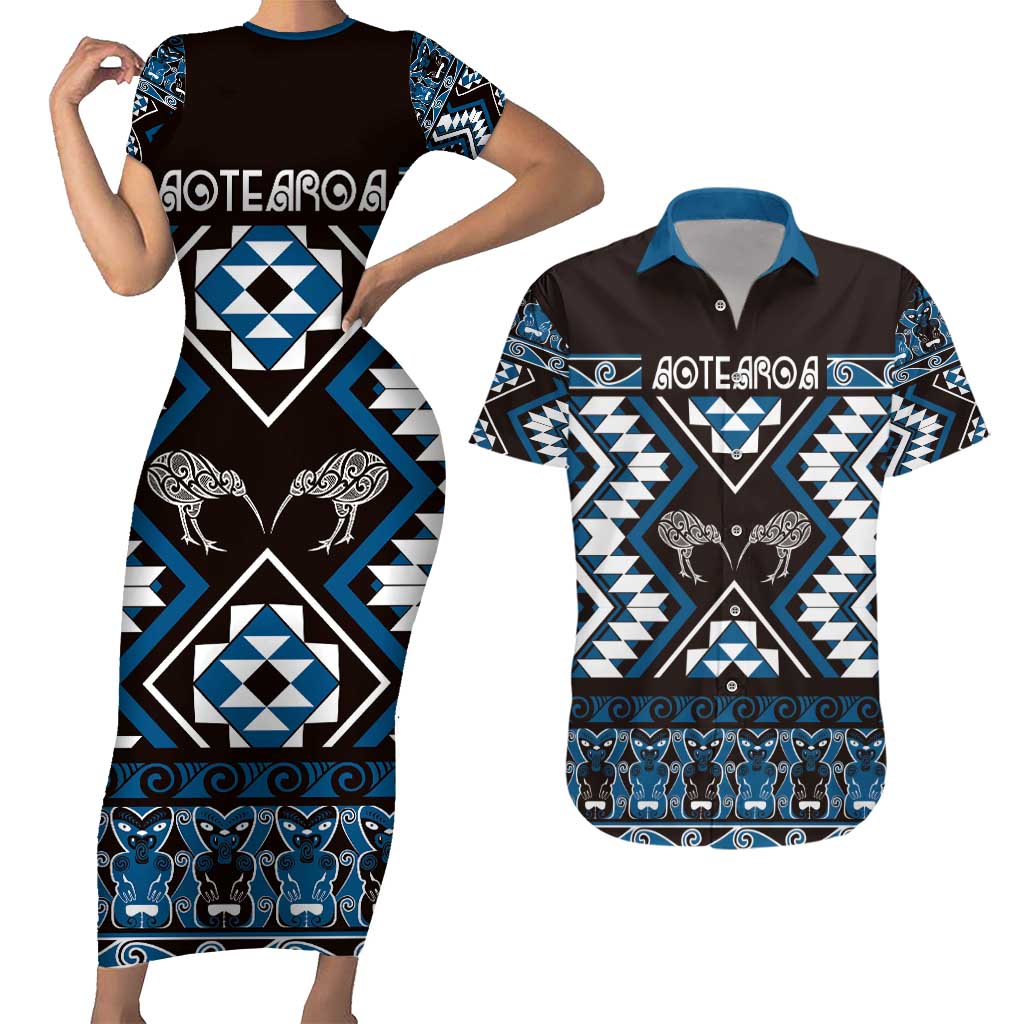 Personalised Taniko Motifs Aotearoa Couples Matching Short Sleeve Bodycon Dress and Hawaiian Shirt Waitangi Kowhaiwhai Kiwi - Blue LT7 Blue - Polynesian Pride