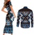 Personalised Taniko Motifs Aotearoa Couples Matching Short Sleeve Bodycon Dress and Long Sleeve Button Shirt Waitangi Kowhaiwhai Kiwi - Blue