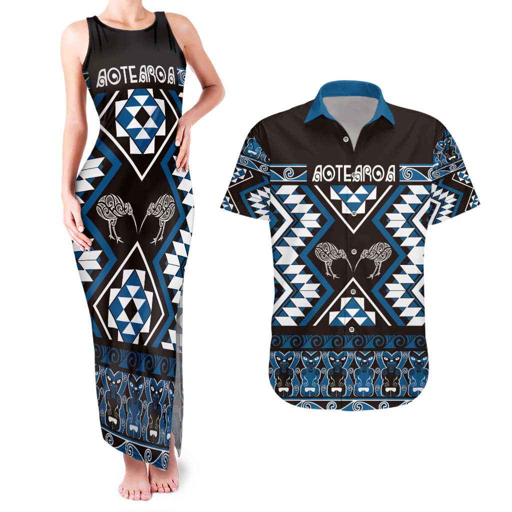 Personalised Taniko Motifs Aotearoa Couples Matching Tank Maxi Dress and Hawaiian Shirt Waitangi Kowhaiwhai Kiwi - Blue