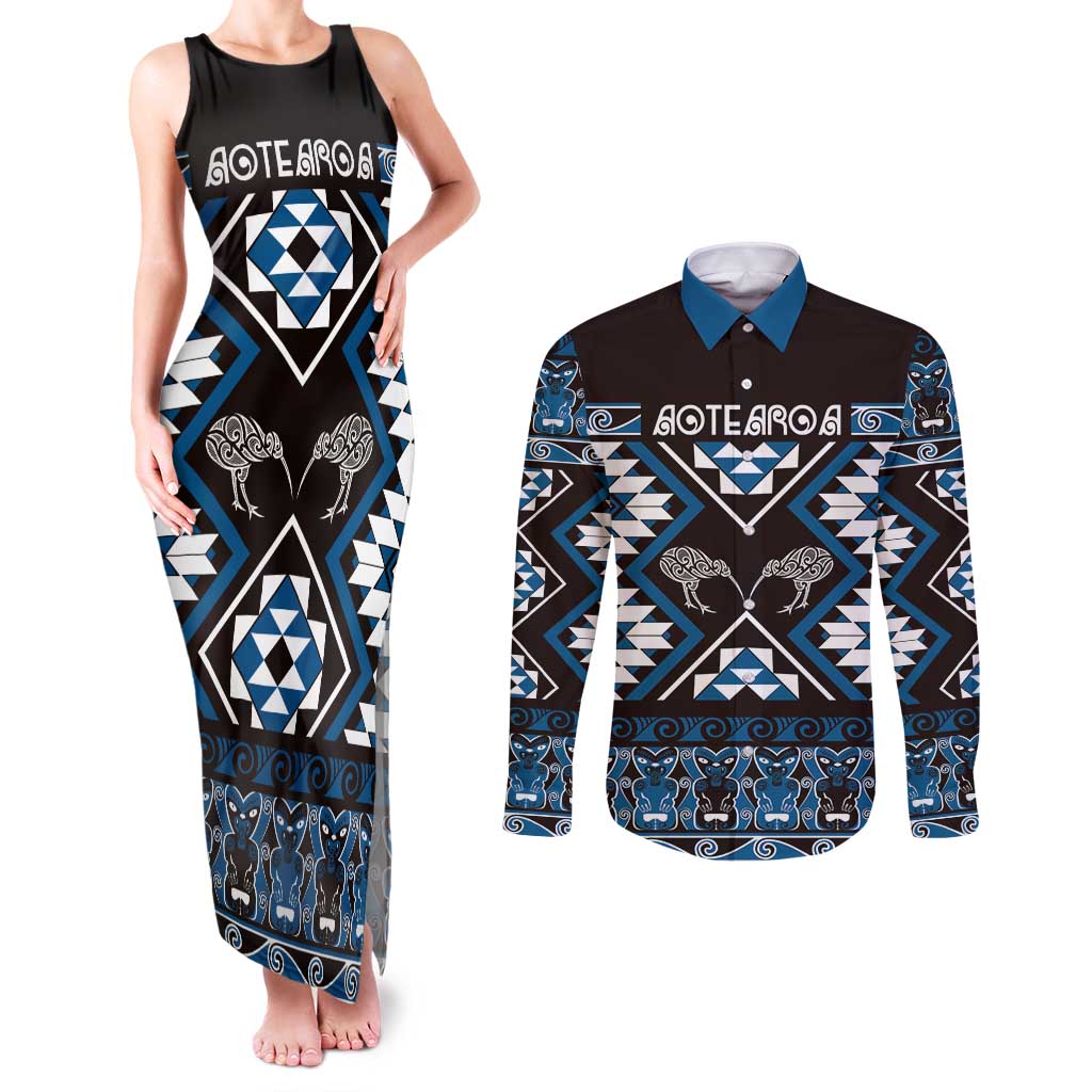Personalised Taniko Motifs Aotearoa Couples Matching Tank Maxi Dress and Long Sleeve Button Shirt Waitangi Kowhaiwhai Kiwi - Blue LT7 Blue - Polynesian Pride