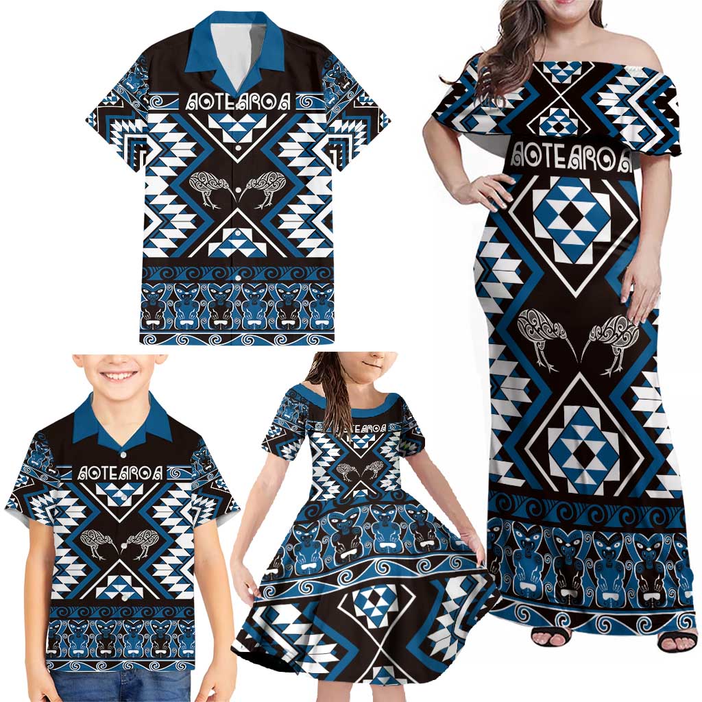 Personalised Taniko Motifs Aotearoa Family Matching Off Shoulder Maxi Dress and Hawaiian Shirt Waitangi Kowhaiwhai Kiwi - Blue