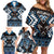 Personalised Taniko Motifs Aotearoa Family Matching Off Shoulder Short Dress and Hawaiian Shirt Waitangi Kowhaiwhai Kiwi - Blue