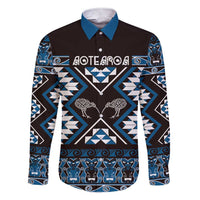 Personalised Taniko Motifs Aotearoa Family Matching Short Sleeve Bodycon Dress and Hawaiian Shirt Waitangi Kowhaiwhai Kiwi - Blue