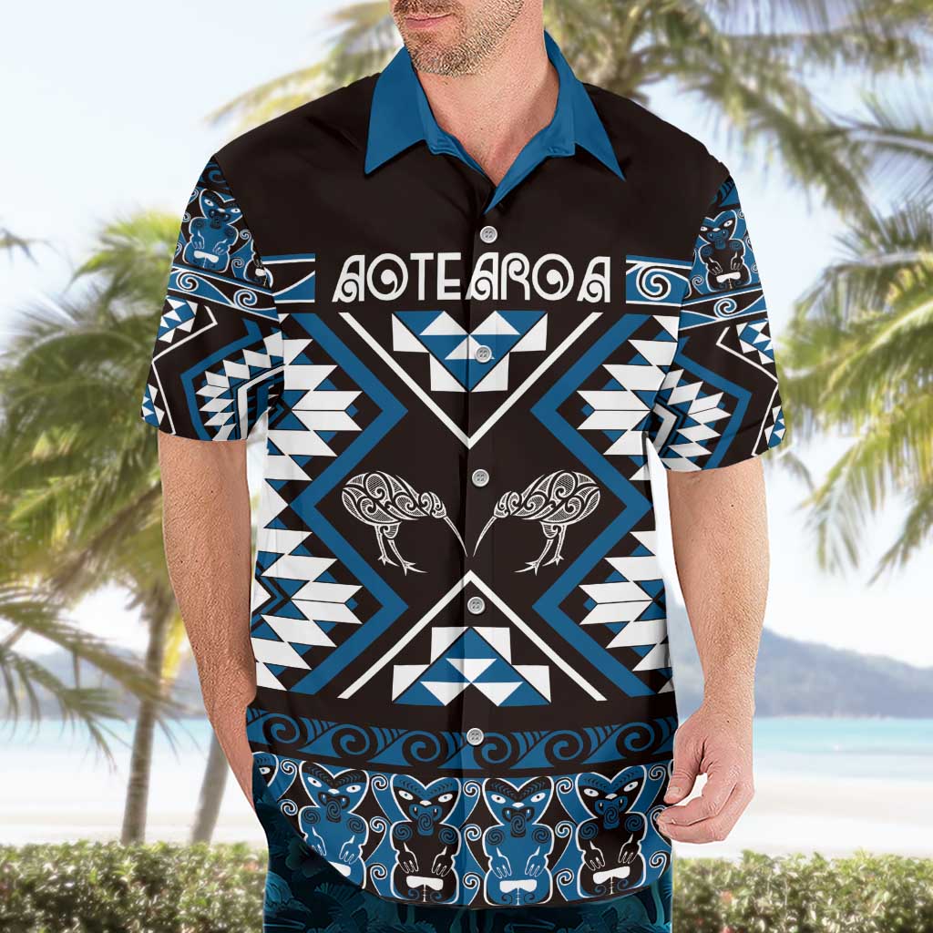 Personalised Taniko Motifs Aotearoa Hawaiian Shirt Waitangi Kowhaiwhai Kiwi - Blue LT7 - Polynesian Pride