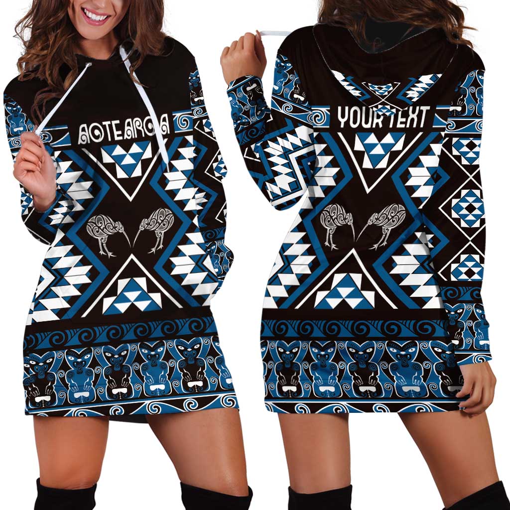 Personalised Taniko Motifs Aotearoa Hoodie Dress Waitangi Kowhaiwhai Kiwi - Blue