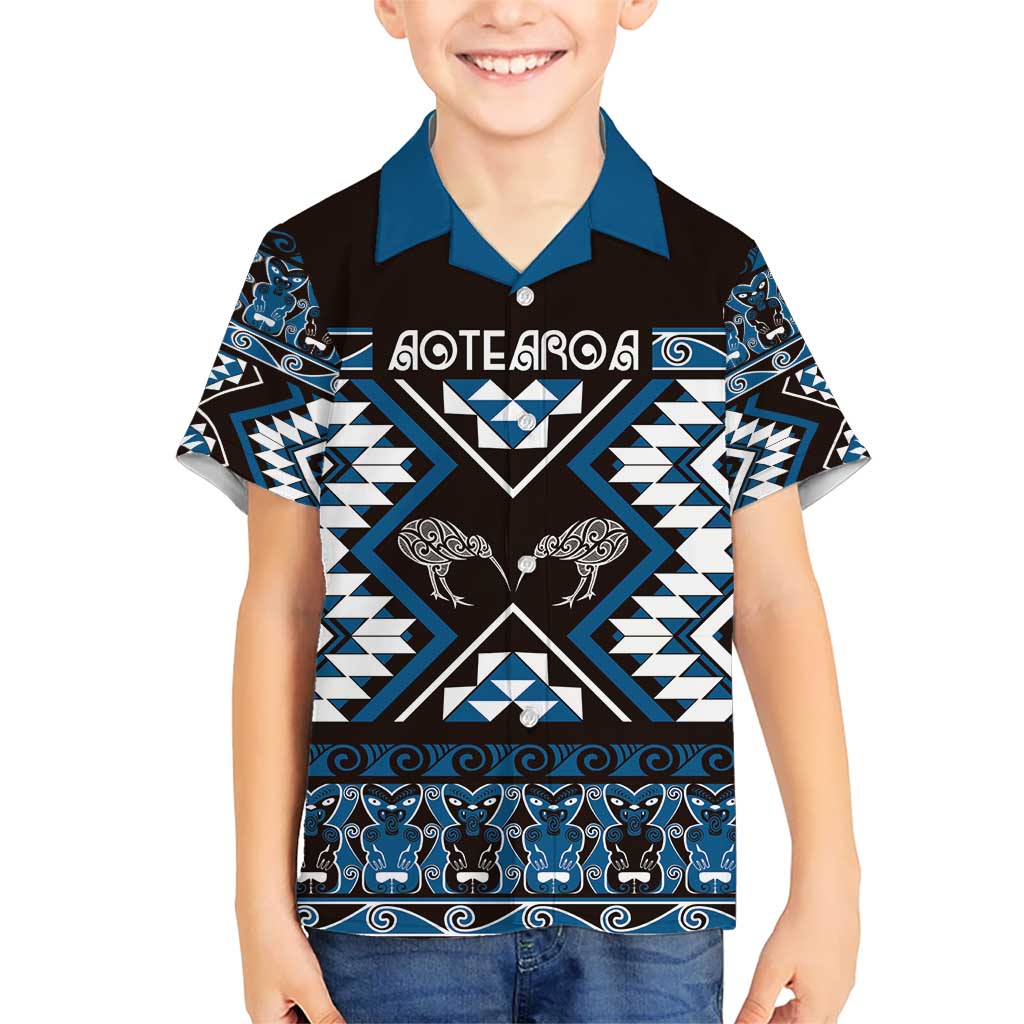 Personalised Taniko Motifs Aotearoa Kid Hawaiian Shirt Waitangi Kowhaiwhai Kiwi - Blue