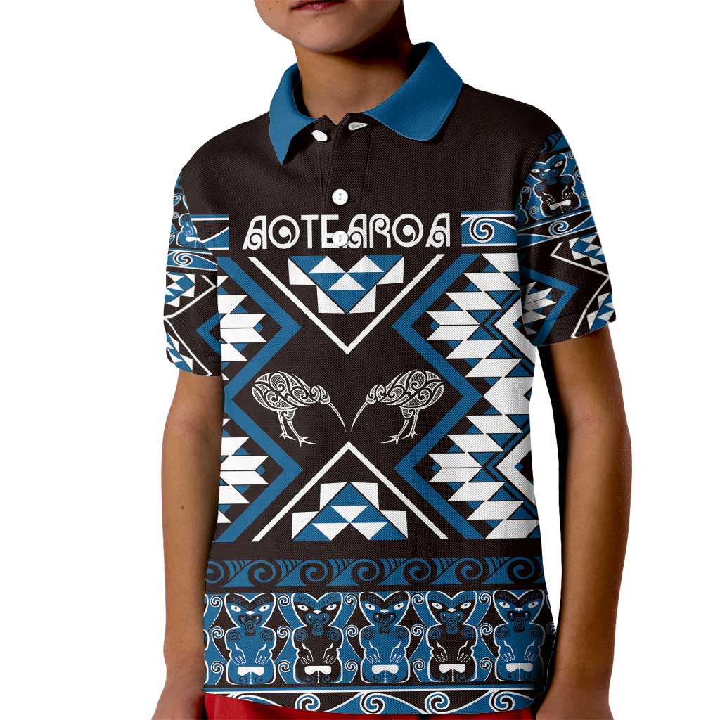 Personalised Taniko Motifs Aotearoa Kid Polo Shirt Waitangi Kowhaiwhai Kiwi - Blue