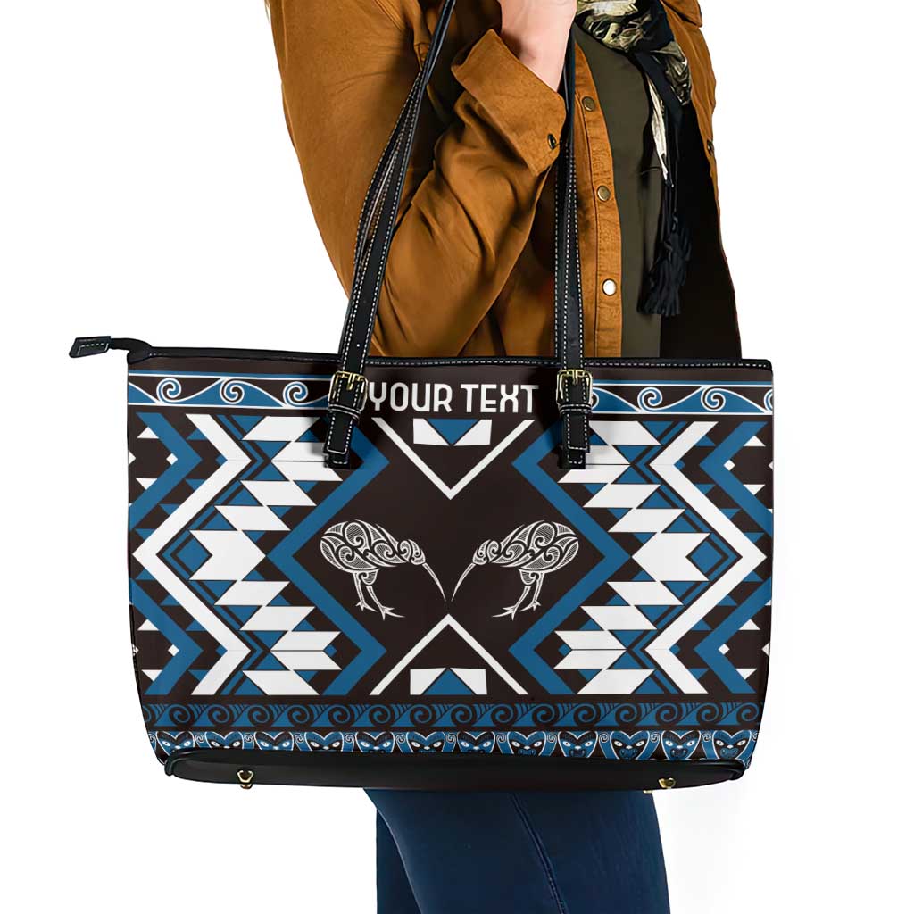 Personalised Taniko Motifs Aotearoa Leather Tote Bag Waitangi Kowhaiwhai Kiwi - Blue LT7 - Polynesian Pride