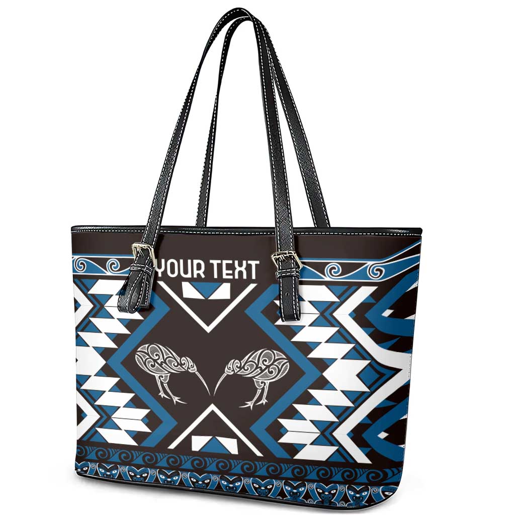 Personalised Taniko Motifs Aotearoa Leather Tote Bag Waitangi Kowhaiwhai Kiwi - Blue LT7 - Polynesian Pride