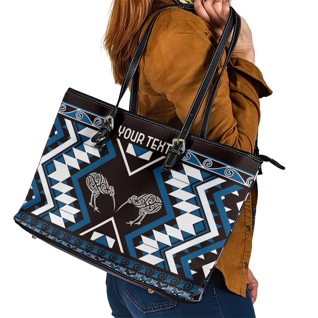Personalised Taniko Motifs Aotearoa Leather Tote Bag Waitangi Kowhaiwhai Kiwi - Blue LT7 - Polynesian Pride