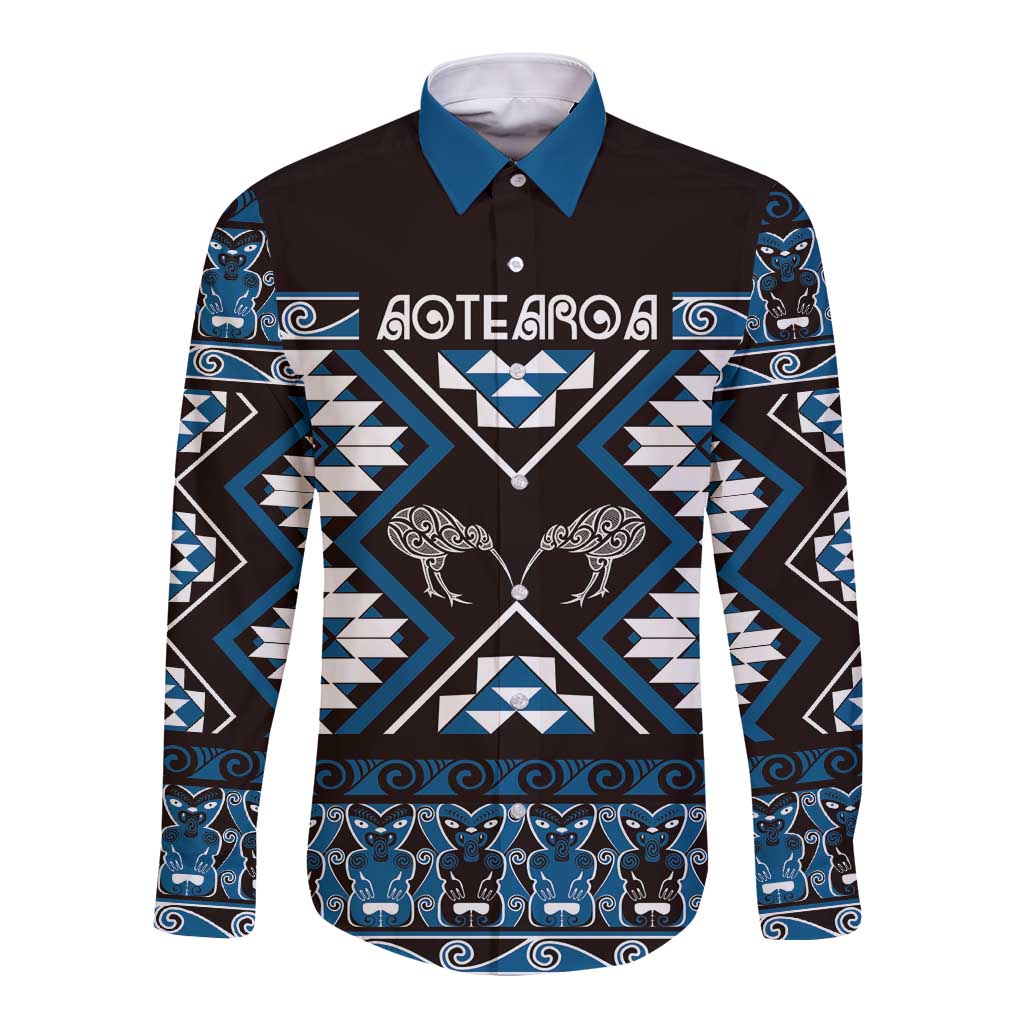 Personalised Taniko Motifs Aotearoa Long Sleeve Button Shirt Waitangi Kowhaiwhai Kiwi - Blue