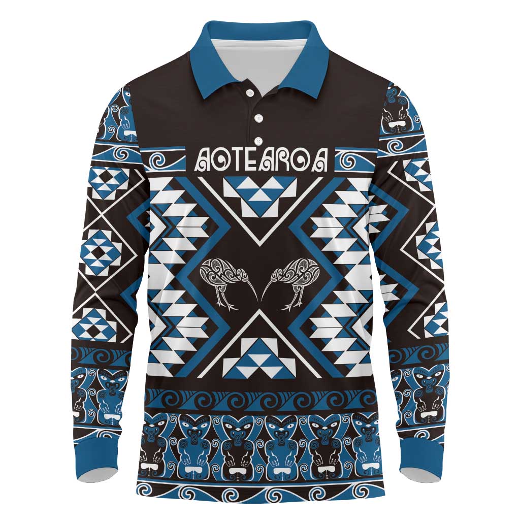 Personalised Taniko Motifs Aotearoa Long Sleeve Polo Shirt Waitangi Kowhaiwhai Kiwi - Blue