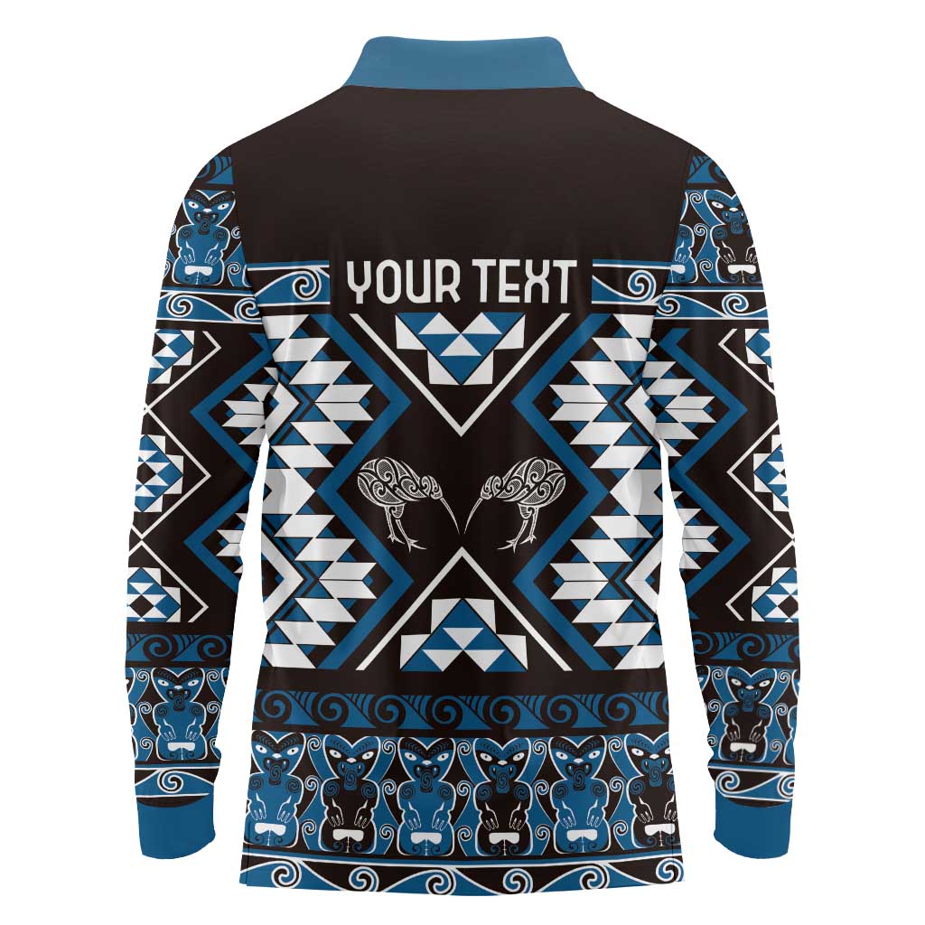 Personalised Taniko Motifs Aotearoa Long Sleeve Polo Shirt Waitangi Kowhaiwhai Kiwi - Blue LT7 - Polynesian Pride