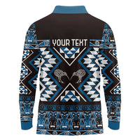 Personalised Taniko Motifs Aotearoa Long Sleeve Polo Shirt Waitangi Kowhaiwhai Kiwi - Blue LT7 - Polynesian Pride