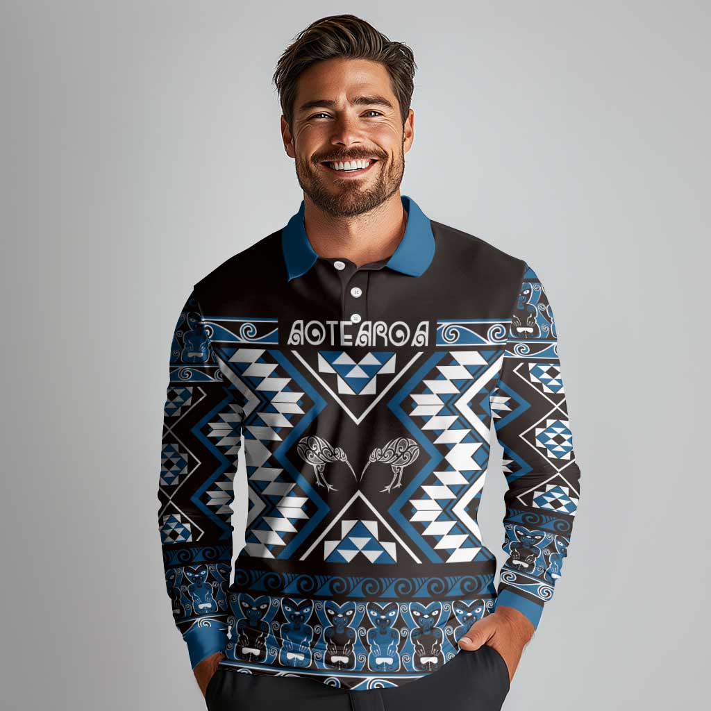Personalised Taniko Motifs Aotearoa Long Sleeve Polo Shirt Waitangi Kowhaiwhai Kiwi - Blue LT7 - Polynesian Pride
