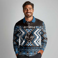 Personalised Taniko Motifs Aotearoa Long Sleeve Polo Shirt Waitangi Kowhaiwhai Kiwi - Blue LT7 - Polynesian Pride
