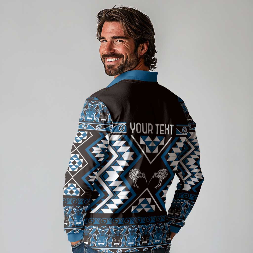 Personalised Taniko Motifs Aotearoa Long Sleeve Polo Shirt Waitangi Kowhaiwhai Kiwi - Blue LT7 - Polynesian Pride