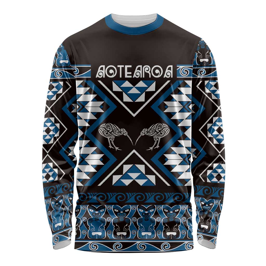 Personalised Taniko Motifs Aotearoa Long Sleeve Shirt Waitangi Kowhaiwhai Kiwi - Blue