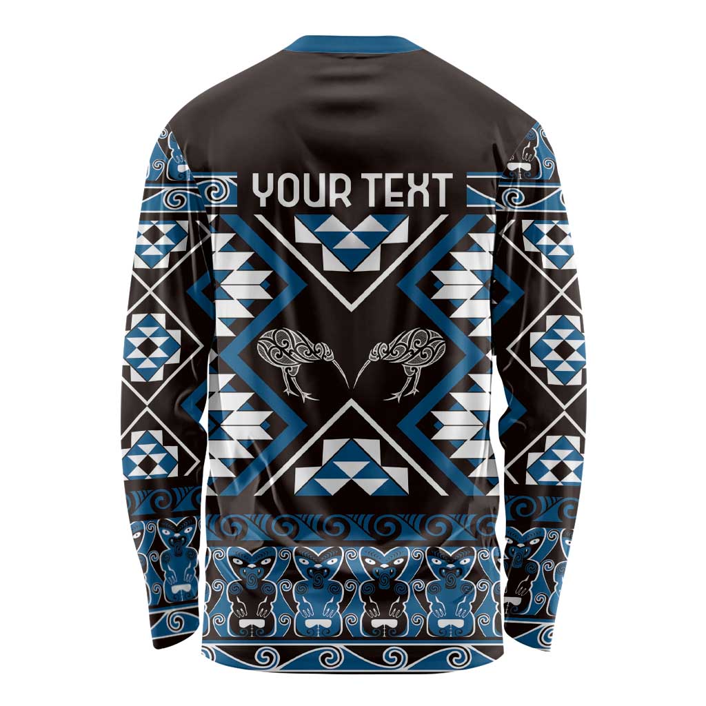 Personalised Taniko Motifs Aotearoa Long Sleeve Shirt Waitangi Kowhaiwhai Kiwi - Blue