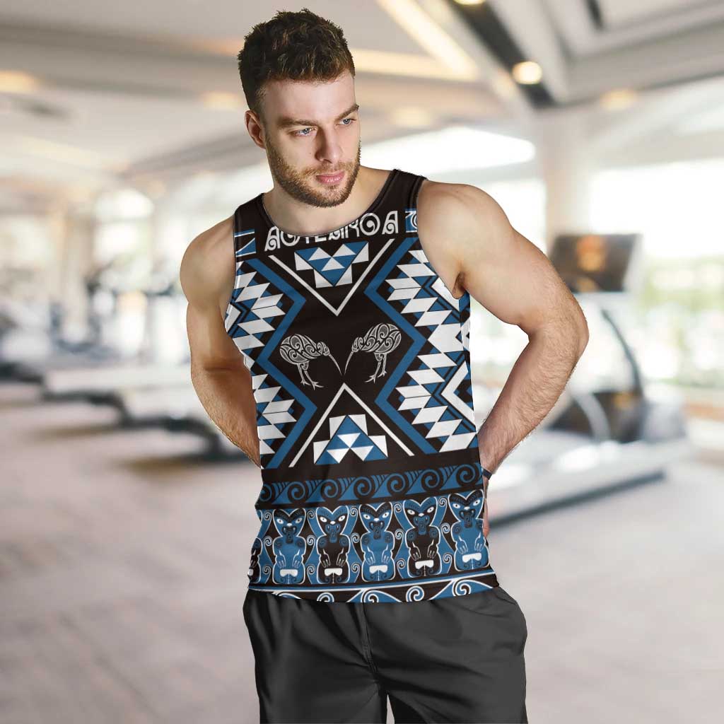 Personalised Taniko Motifs Aotearoa Men Tank Top Waitangi Kowhaiwhai Kiwi - Blue LT7 Blue - Polynesian Pride