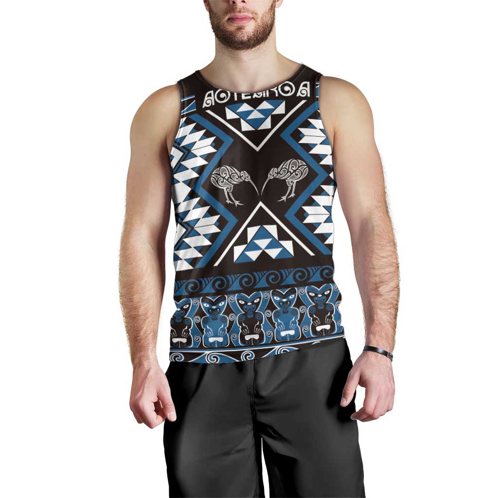 Personalised Taniko Motifs Aotearoa Men Tank Top Waitangi Kowhaiwhai Kiwi - Blue LT7 - Polynesian Pride