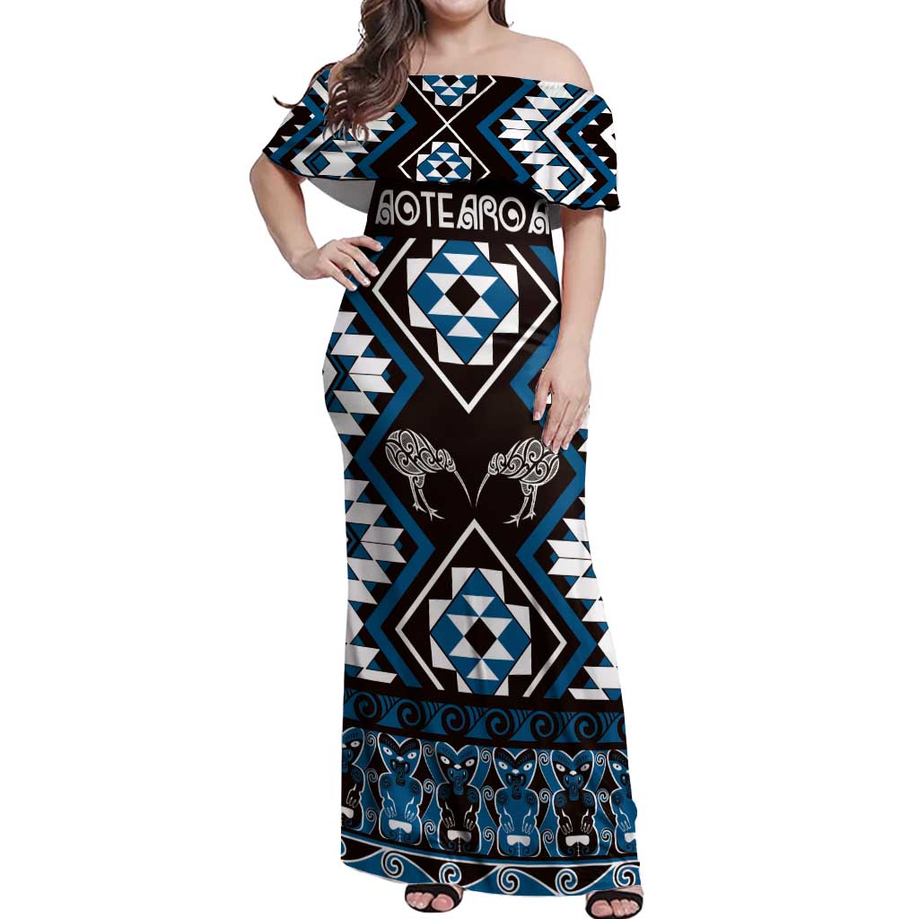 Personalised Taniko Motifs Aotearoa Off Shoulder Maxi Dress Waitangi Kowhaiwhai Kiwi - Blue