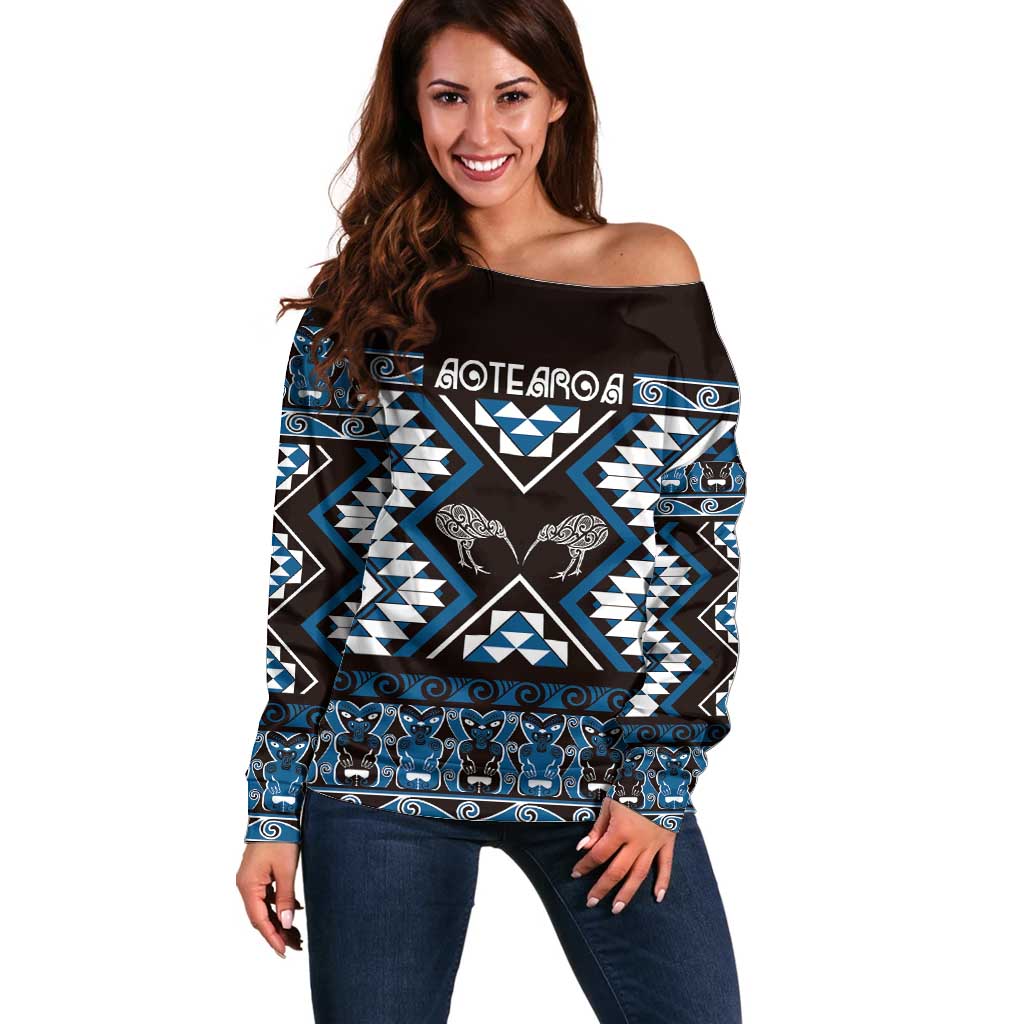 Personalised Taniko Motifs Aotearoa Off Shoulder Sweater Waitangi Kowhaiwhai Kiwi - Blue