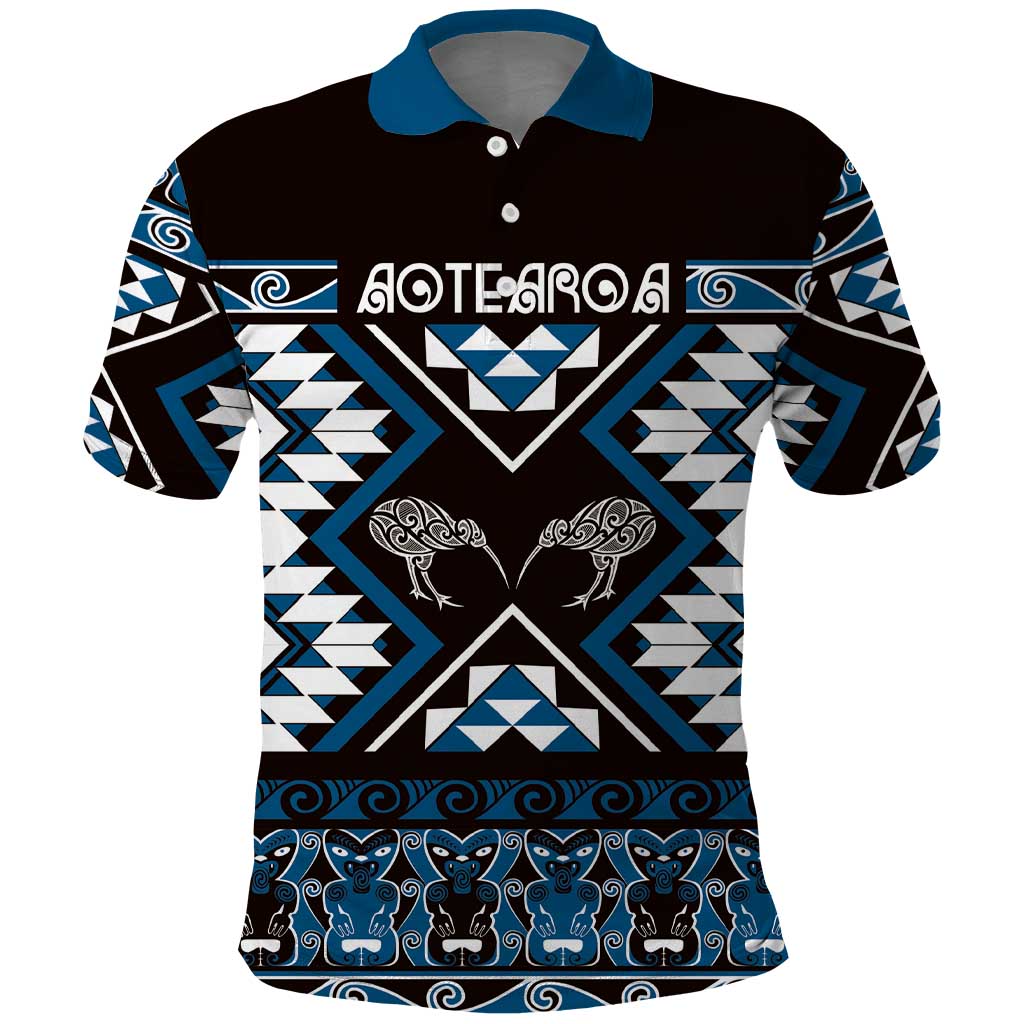 Personalised Taniko Motifs Aotearoa Polo Shirt Waitangi Kowhaiwhai Kiwi - Blue LT7