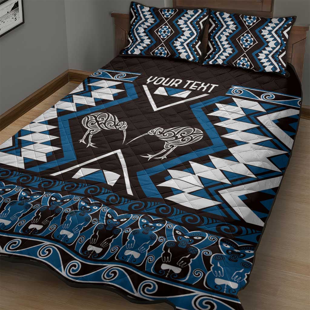 Personalised Taniko Motifs Aotearoa Quilt Bed Set Waitangi Kowhaiwhai Kiwi - Blue LT7 - Polynesian Pride