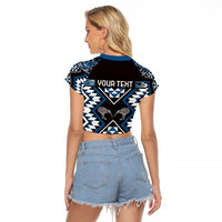 Personalised Taniko Motifs Aotearoa Raglan Cropped T Shirt Waitangi Kowhaiwhai Kiwi - Blue LT7 - Polynesian Pride