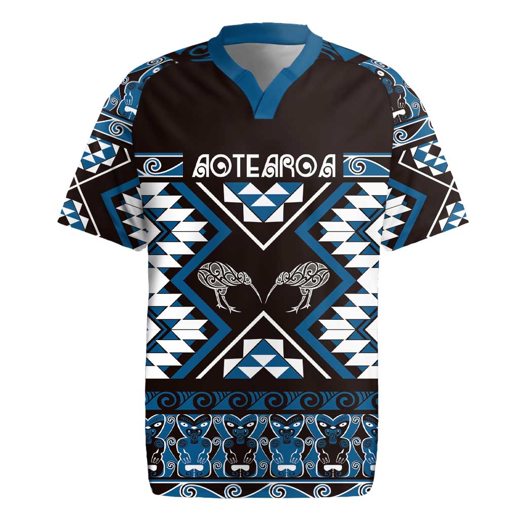 Personalised Taniko Motifs Aotearoa Rugby Jersey Waitangi Kowhaiwhai Kiwi - Blue