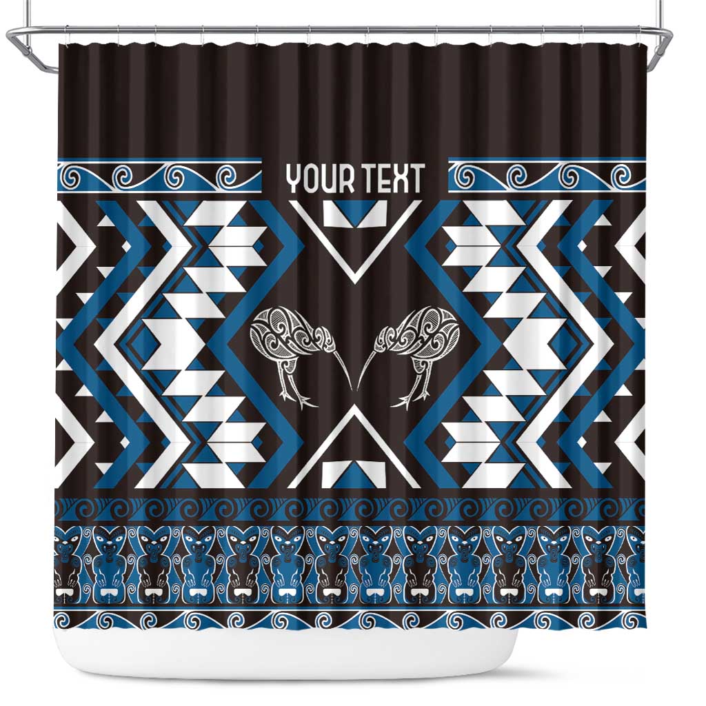 Personalised Taniko Motifs Aotearoa Shower Curtain Waitangi Kowhaiwhai Kiwi - Blue