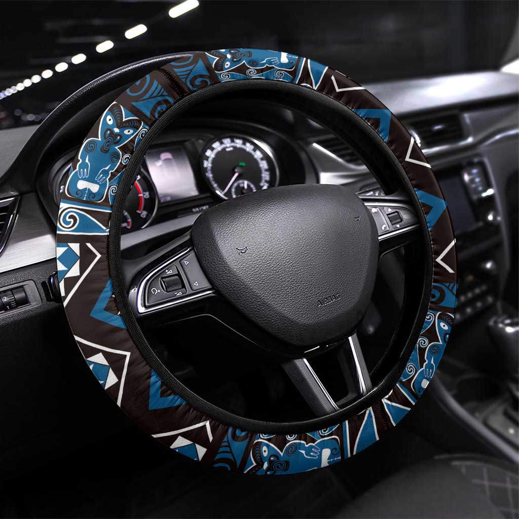 Taniko Motifs Aotearoa Steering Wheel Cover Waitangi Kowhaiwhai Kiwi - Blue LT7 Universal Fit Blue - Polynesian Pride