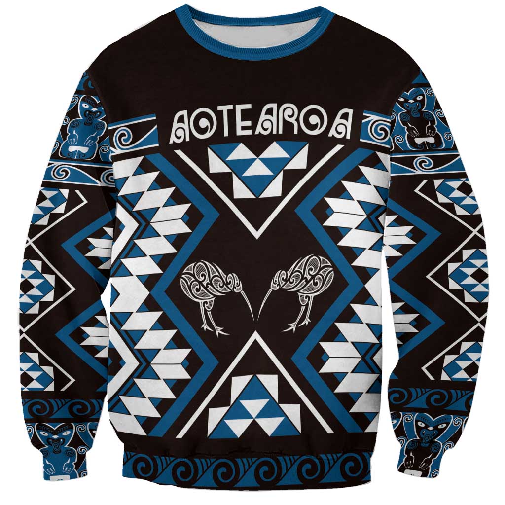 Personalised Taniko Motifs Aotearoa Sweatshirt Waitangi Kowhaiwhai Kiwi - Blue