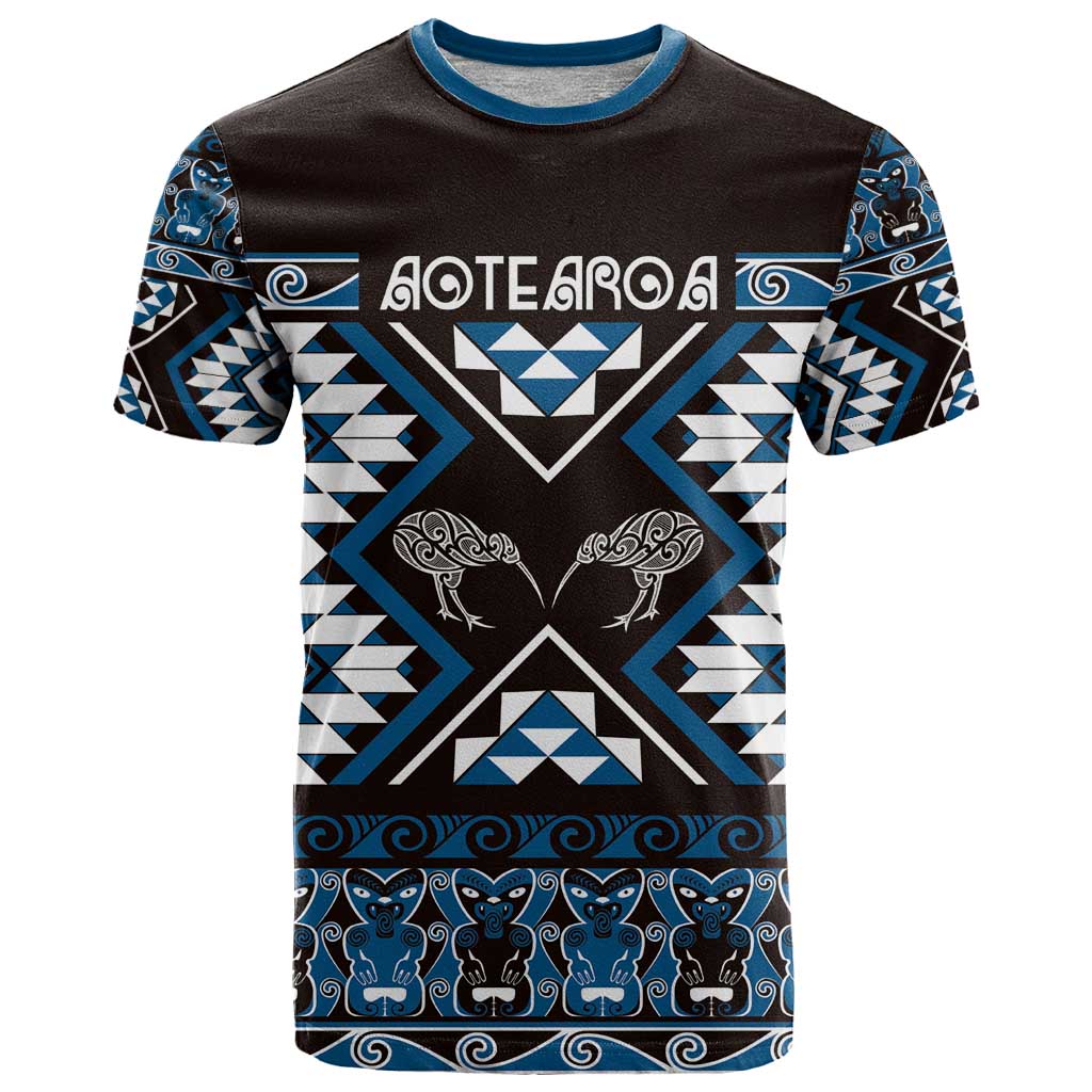 Personalised Taniko Motifs Aotearoa T Shirt Waitangi Kowhaiwhai Kiwi - Blue