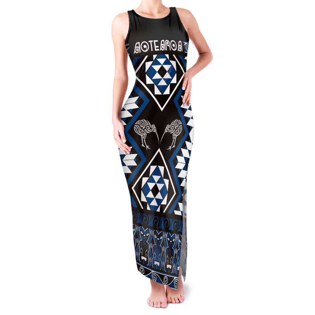 Personalised Taniko Motifs Aotearoa Tank Maxi Dress Waitangi Kowhaiwhai Kiwi - Blue