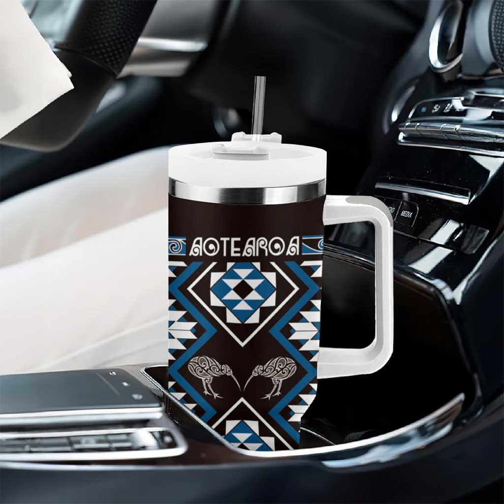 Personalised Taniko Motifs Aotearoa Tumbler With Handle Waitangi Kowhaiwhai Kiwi - Blue LT7 - Polynesian Pride