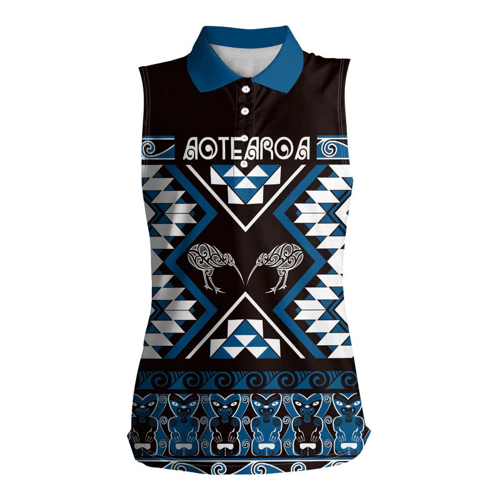 Personalised Taniko Motifs Aotearoa Women Sleeveless Polo Shirt Waitangi Kowhaiwhai Kiwi - Blue