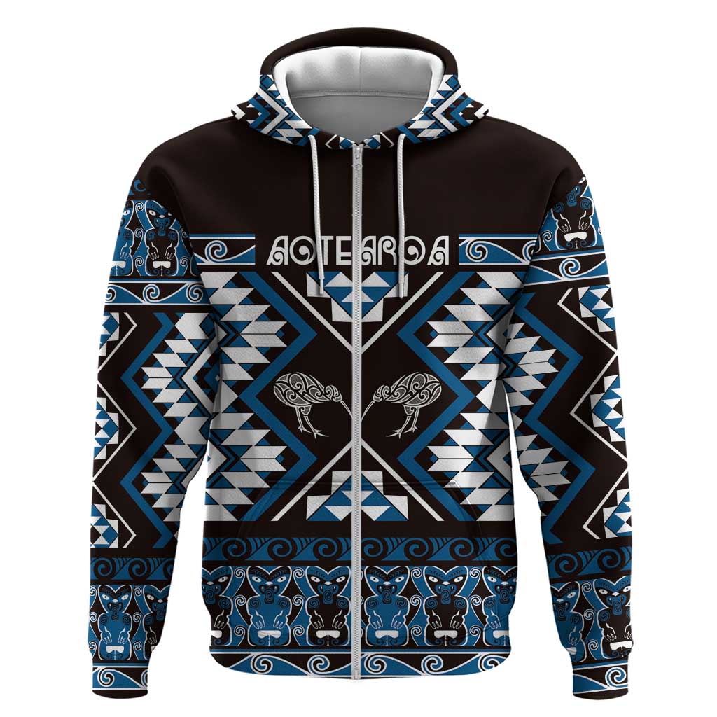 Personalised Taniko Motifs Aotearoa Zip Hoodie Waitangi Kowhaiwhai Kiwi - Blue