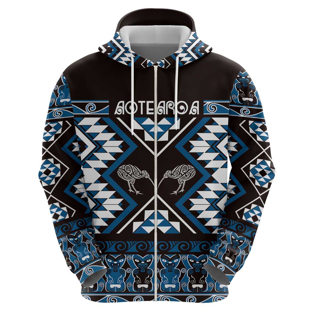 Personalised Taniko Motifs Aotearoa Zip Hoodie Waitangi Kowhaiwhai Kiwi - Blue