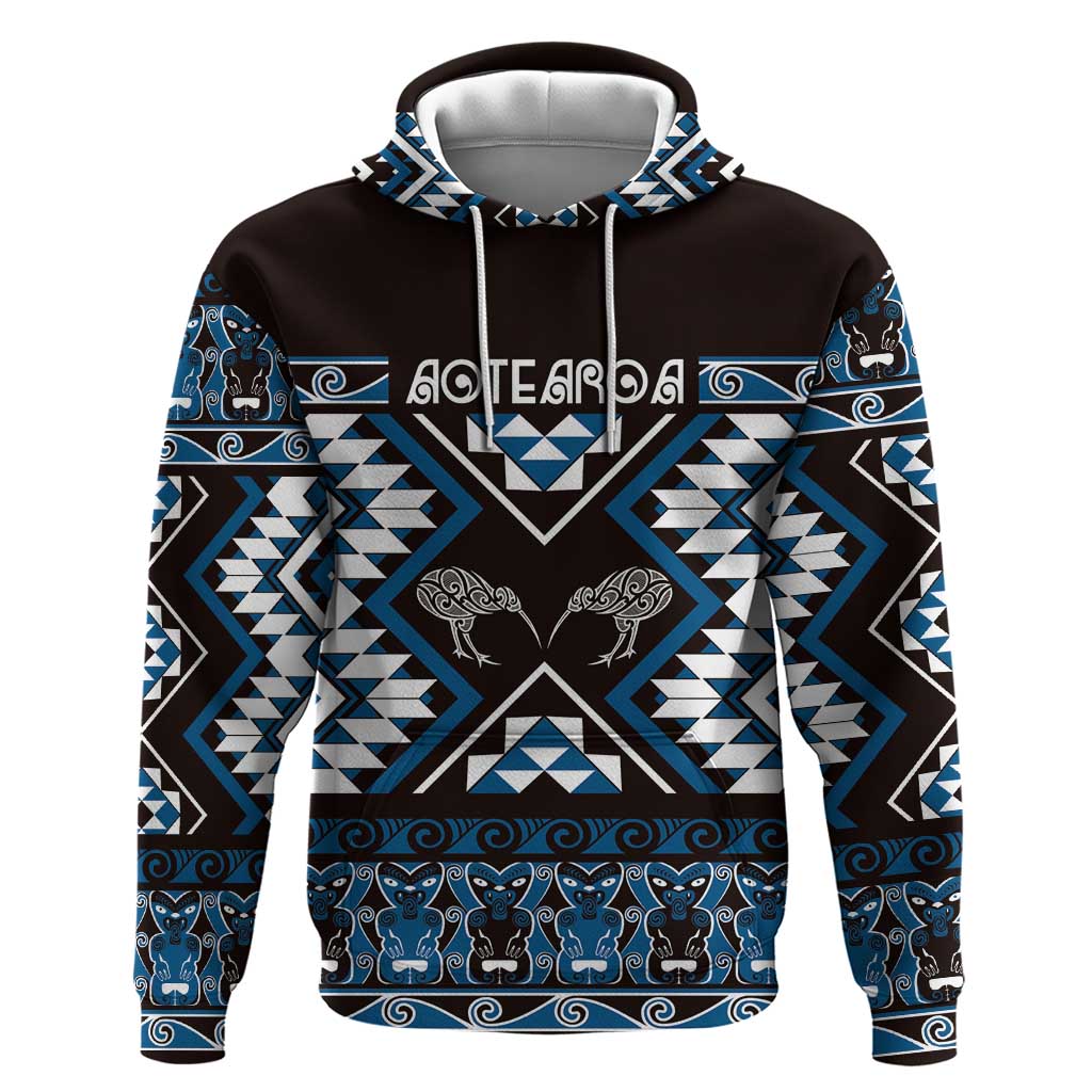 Personalised Taniko Motifs Aotearoa Zip Hoodie Waitangi Kowhaiwhai Kiwi - Blue