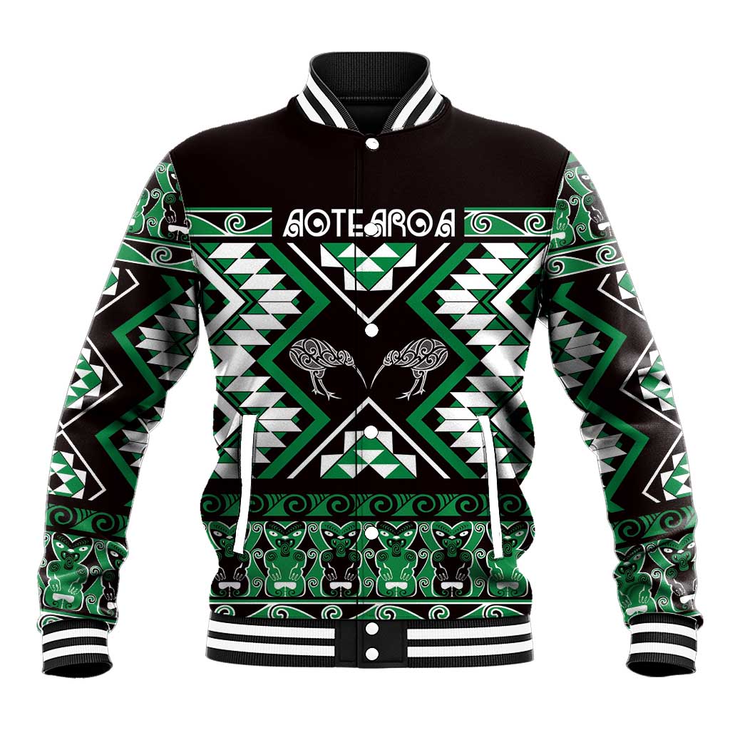 Personalised Taniko Motifs Aotearoa Baseball Jacket Waitangi Kowhaiwhai Kiwi - Green