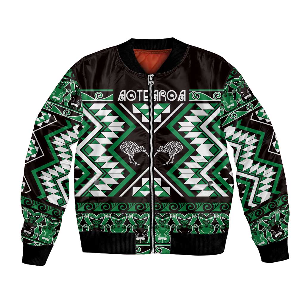 Personalised Taniko Motifs Aotearoa Bomber Jacket Waitangi Kowhaiwhai Kiwi - Green