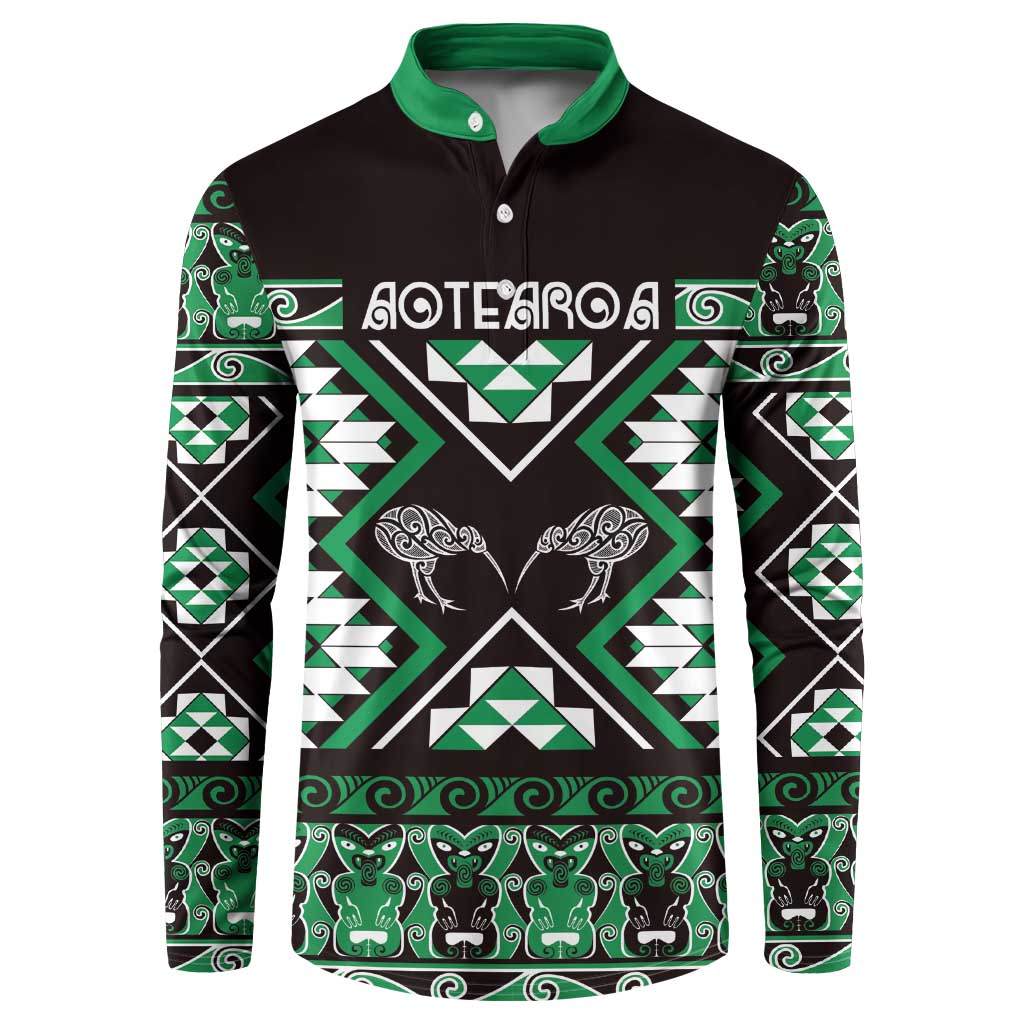 Personalised Taniko Motifs Aotearoa Button Sweatshirt Waitangi Kowhaiwhai Kiwi - Green LT7 Green - Polynesian Pride