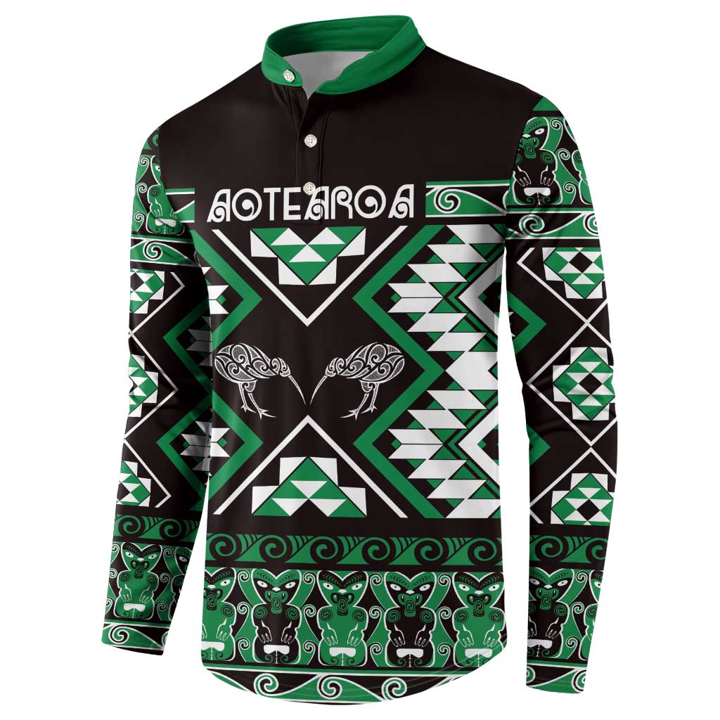 Personalised Taniko Motifs Aotearoa Button Sweatshirt Waitangi Kowhaiwhai Kiwi - Green LT7 - Polynesian Pride
