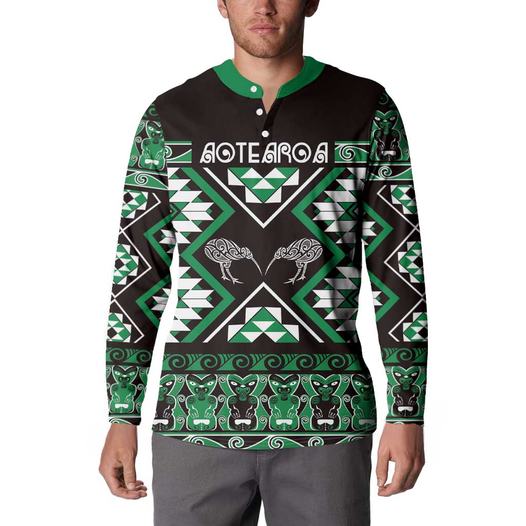 Personalised Taniko Motifs Aotearoa Button Sweatshirt Waitangi Kowhaiwhai Kiwi - Green LT7 - Polynesian Pride